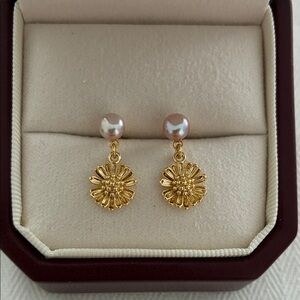 Gold Floral Pearl Earrings Sterling Silver Posts